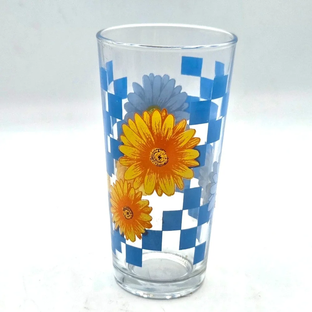 Vintage Sunflower Glasses Blue Checkerboard KIG Indonesia Iced Tea Set of 4